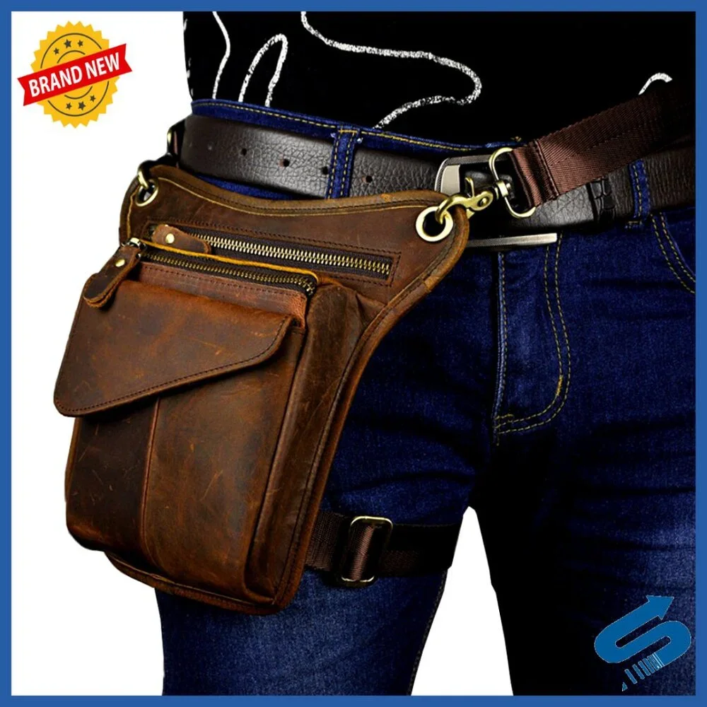 Genuine Leather Drop Leg Bag, Adjustable Waist Pack for Outdoor Sports & Travel